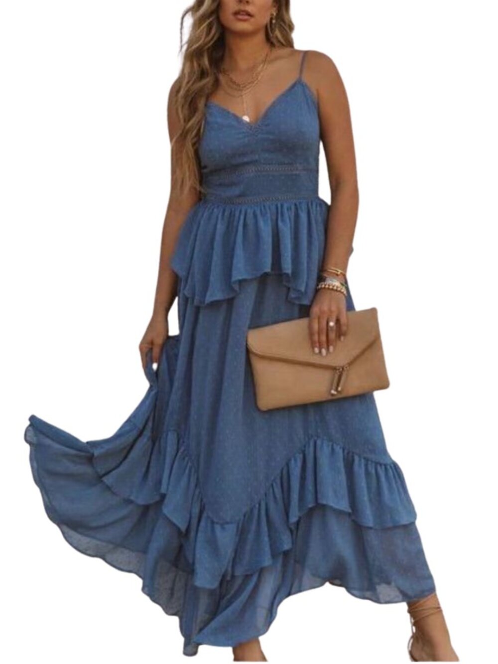 Wedding Guest Maxi Dress Small Tiered Ruffle Hem Blue Boho Lined Chiffon Dot